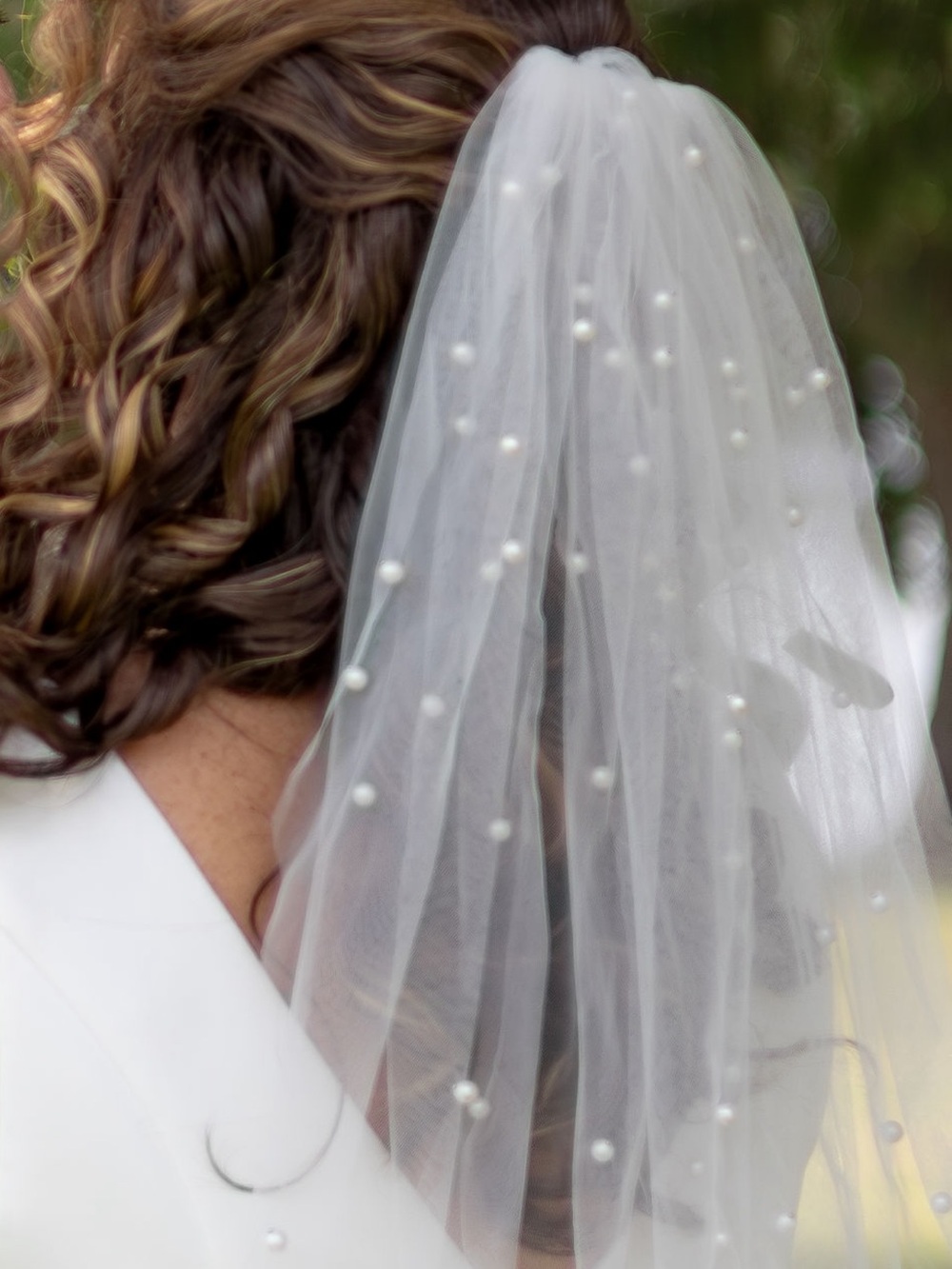 Pearl-Embellished White Bridal Veil